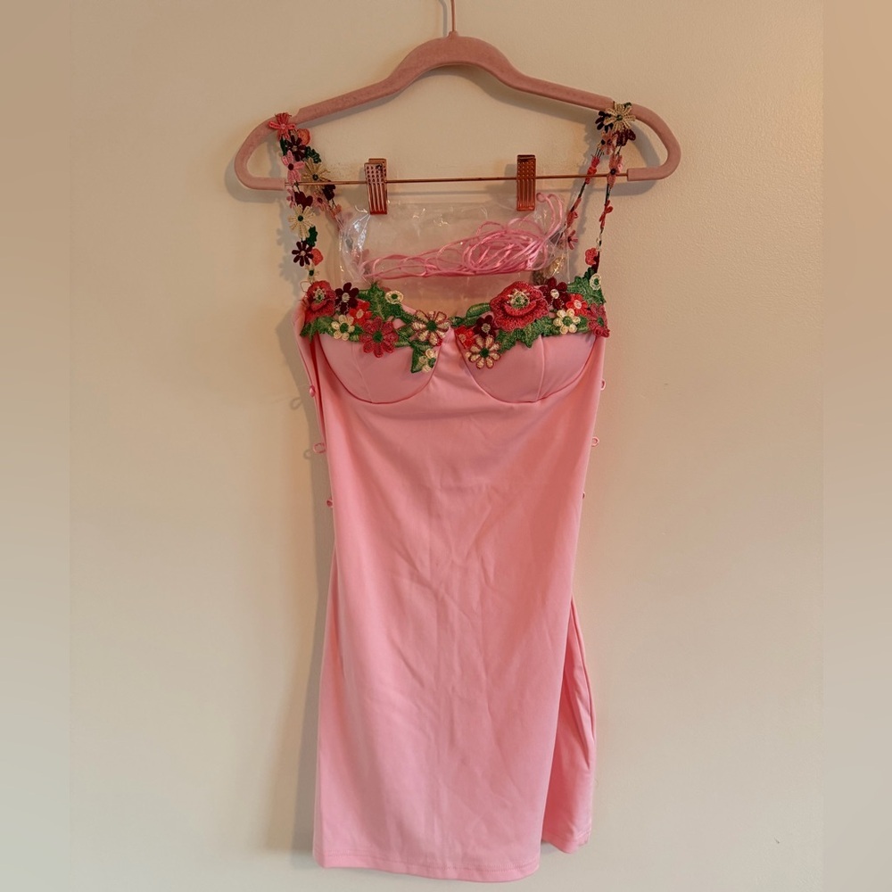 Floral Embroidered Pink Mini Dress